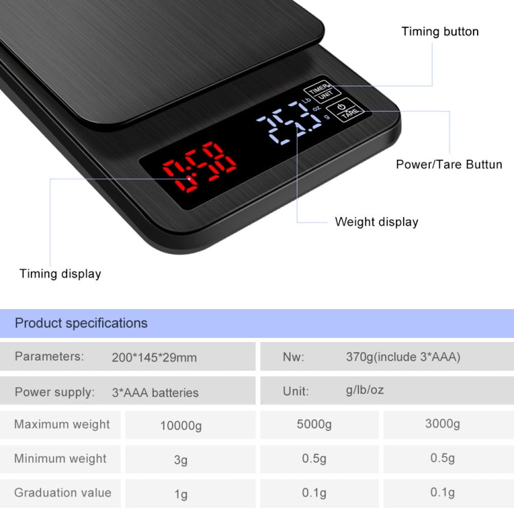 Household Hand-Pushed Coffee Scale USB-Powered Smart Kitchen Scale With Timing, 3kg/0.1g, 5kg/0.1g, 10kg/1g