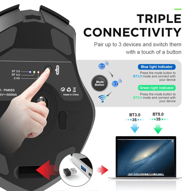 Inphic A1 6 Keys 1000/1200/1600 DPI Home Gaming Wireless Mechanical Mouse, Colour: Gray Wireless+Bluetooth 4.0+Bluetooth 5.0, Black Wireless+Bluetooth 4.0+Bluetooth 5.0, Black Wireless Charging Silent Version, Gray Wireless Charging Silent Version