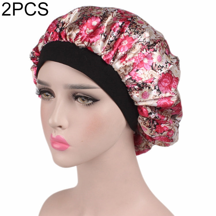2 PCS Women Satin Night Sleep Cap Hair Bonnet Hat Silk Head Cover Wide Elastic Band
