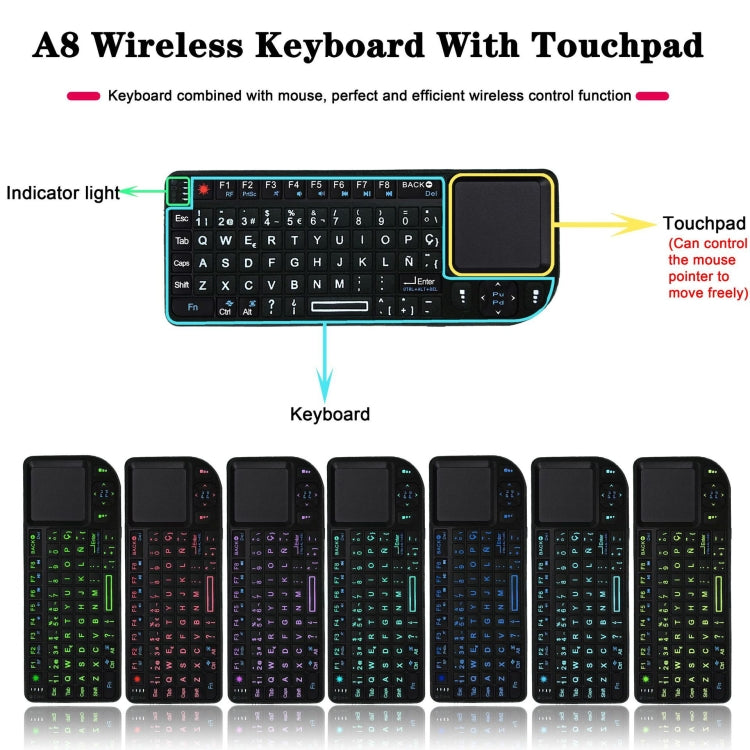 A8 Mini Wireless Mouse And Keyboard With Laser Touchpad Keyboard, English White Backlight, English Colorful Backlight