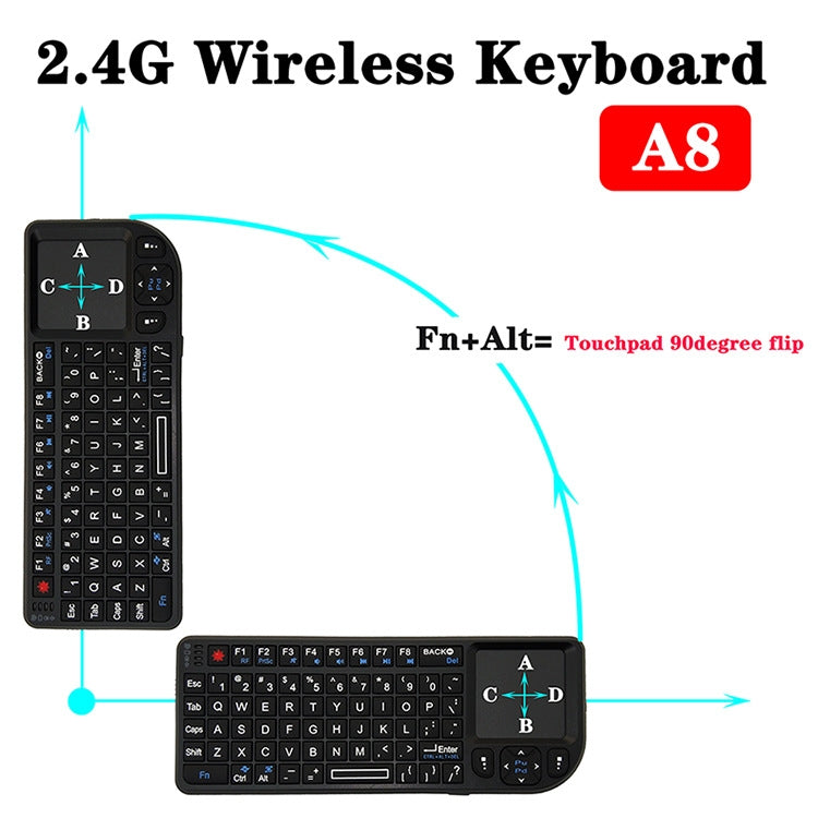 A8 Mini Wireless Mouse And Keyboard With Laser Touchpad Keyboard, English White Backlight, English Colorful Backlight