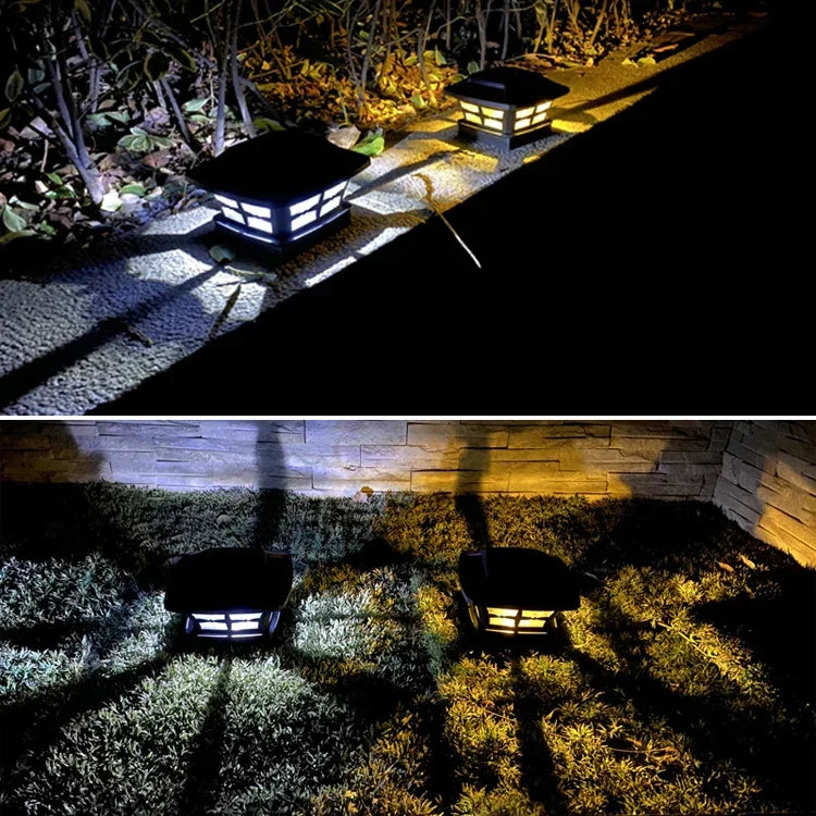 4 inch Outdoor Solar Column Lamp White + Warm White Light Garden Lamp, Black, White