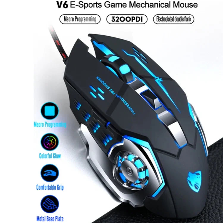 T-WOLF V6 USB Interface 6-Buttons 3200 DPI Wired Mouse Gaming Mechanical Macro Programming 7-Color Luminous Gaming Mouse, Cable Length: 1.5m, Macro Definition Audio Version Black Silver, Macro Definition Audio Version Iron Gray                         ...