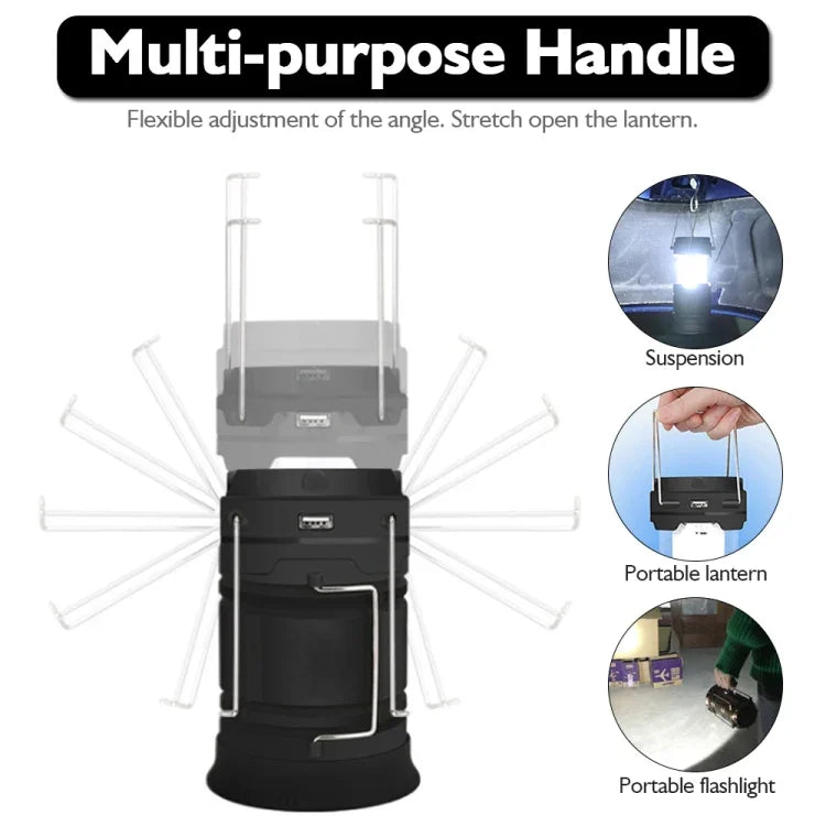 LED Tent Light Solar Rechargeable Camping Light Stretchable Multifunctional Lantern, Support USB Output, Solar + EU Plug