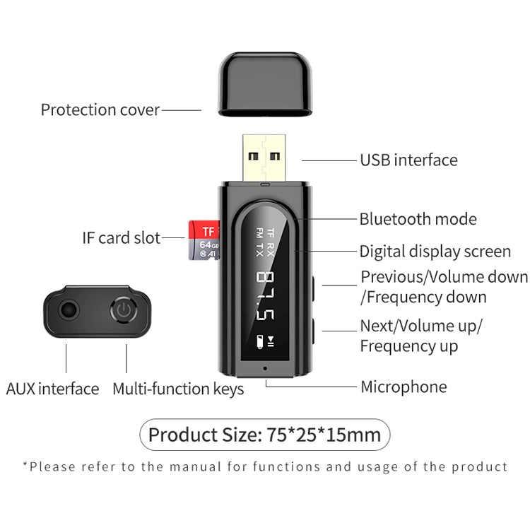 محول استقبال بلوتوث 5.0 للسيارة USB FM + AUX إخراج صوتي مزدوج مرسل ستيريو، K9 أبيض
