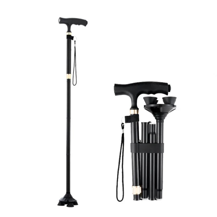 TBS-009 Four-Legged Folding Elderly Crutches Aluminum Alloy Light And Multifunctional Non-Slip Crutches With Light, TBS-009(Black), TBS-009(Brown)