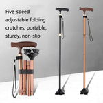 TBS-009 Four-Legged Folding Elderly Crutches Aluminum Alloy Light And Multifunctional Non-Slip Crutches With Light, TBS-009(Brown), TBS-009(Black)