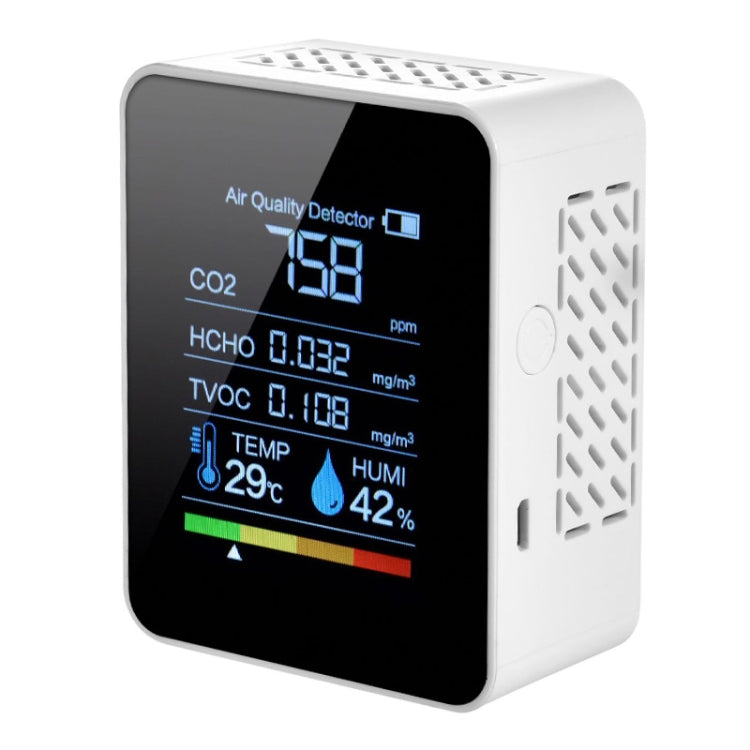 جهاز محمول لكشف جودة الهواء وثاني أكسيد الكربون والفورمالديهايد ودرجة الحرارة الداخلية مع شاشة رقمية LED، 5 في 1 أشباه موصلات