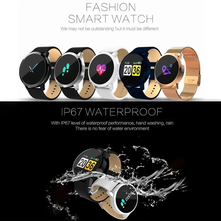 Q8 OLED color screen smart watches showcasing various styles, IP67 waterproof smart watch for fitness tracking.
