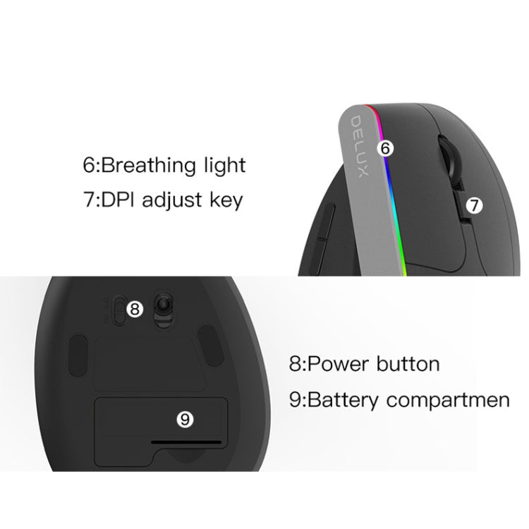 DELUX M618C 6 Keys 1600 DPI RGB Vertical Wireless Bluetooth Dual Mode Mouse, M618C(Black), M618C(White)