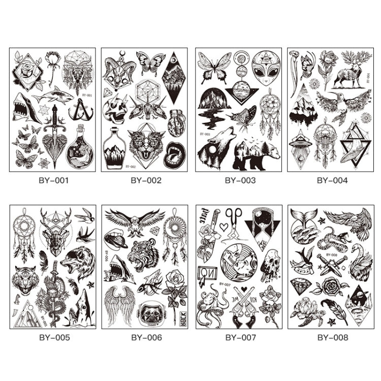 10 PCS Dark Fluorescent Color Changing Animal Luminous Flower Arm Waterproof Adult Tattoo Stickers, BY-001, BY-002, BY-003, BY-004, BY-005, BY-006, BY-007, BY-008