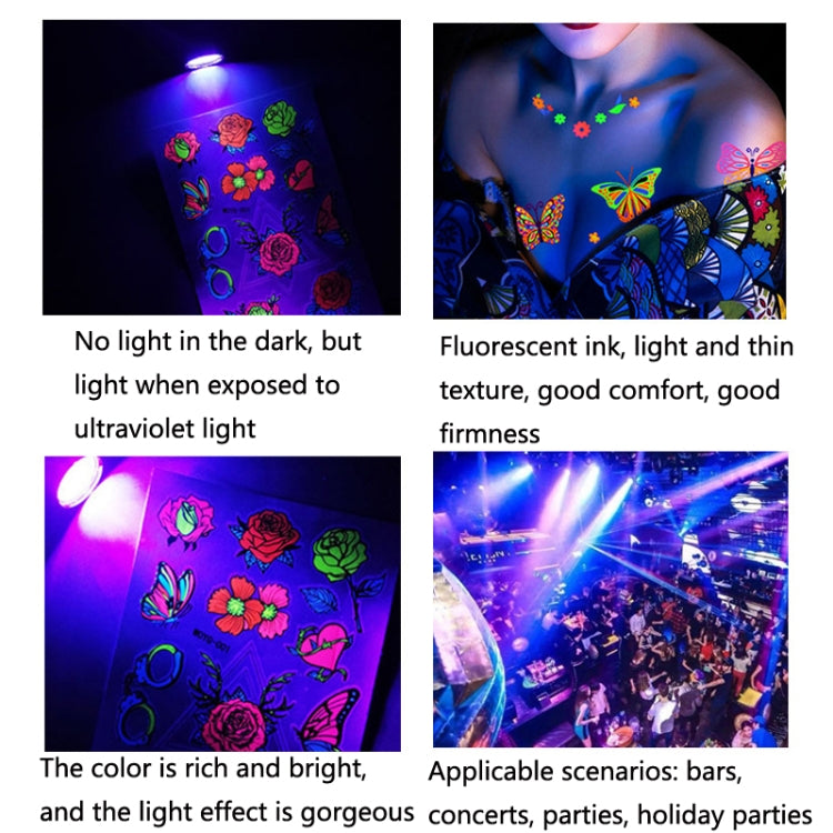 10 PCS Dark Fluorescent Color Changing Animal Luminous Flower Arm Waterproof Adult Tattoo Stickers, BY-001, BY-002, BY-003, BY-004, BY-005, BY-006, BY-007, BY-008