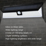 Solar 3-Sides Floodlit Motion Sensing Wall Light Outdoor Garden Corridor Street Light, 118 LED
