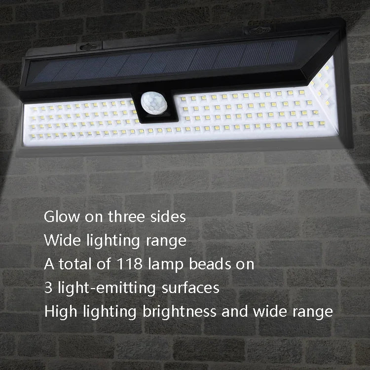 Solar 3-Sides Floodlit Motion Sensing Wall Light Outdoor Garden Corridor Street Light, 118 LED
