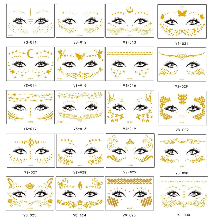 20 PCS Waterproof Bronzing Face Tattoo Stickers Party Masquerade Face Stickers, VS-011, VS-012, VS-013, VS-014, VS-015, VS-016, VS-017, VS-018, VS-019, VS-022, VS-023, VS-024, VS-025, VS-027, VS-028, VS-029, VS-030, VS-031, VS-032, VS-033