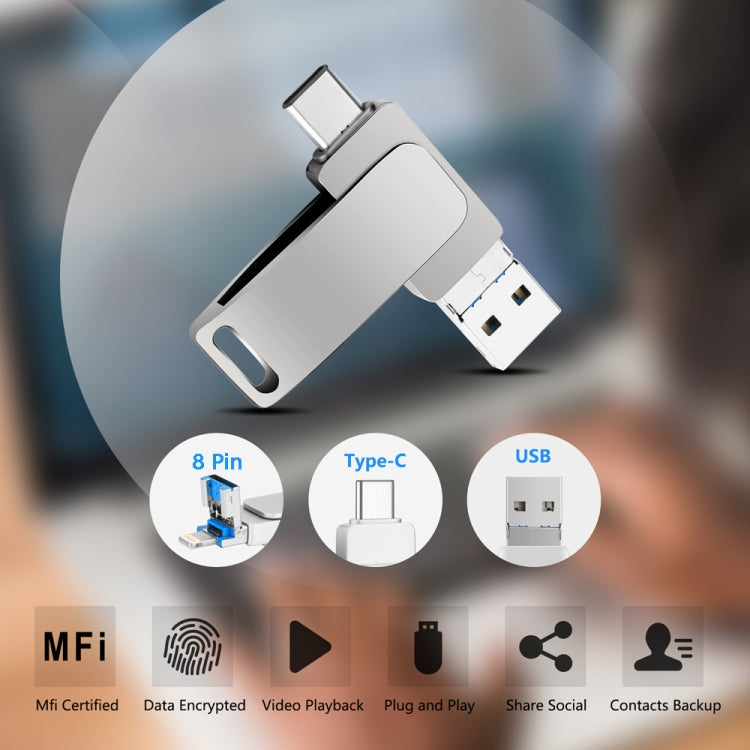 قرص يو-ديسك معدني دوار 3 في 1 USB 3.0 + 8 بن + USB-C / تايب-سي للهواتف والكمبيوتر، 32 جيجابايت، 16 جيجابايت، 64 جيجابايت