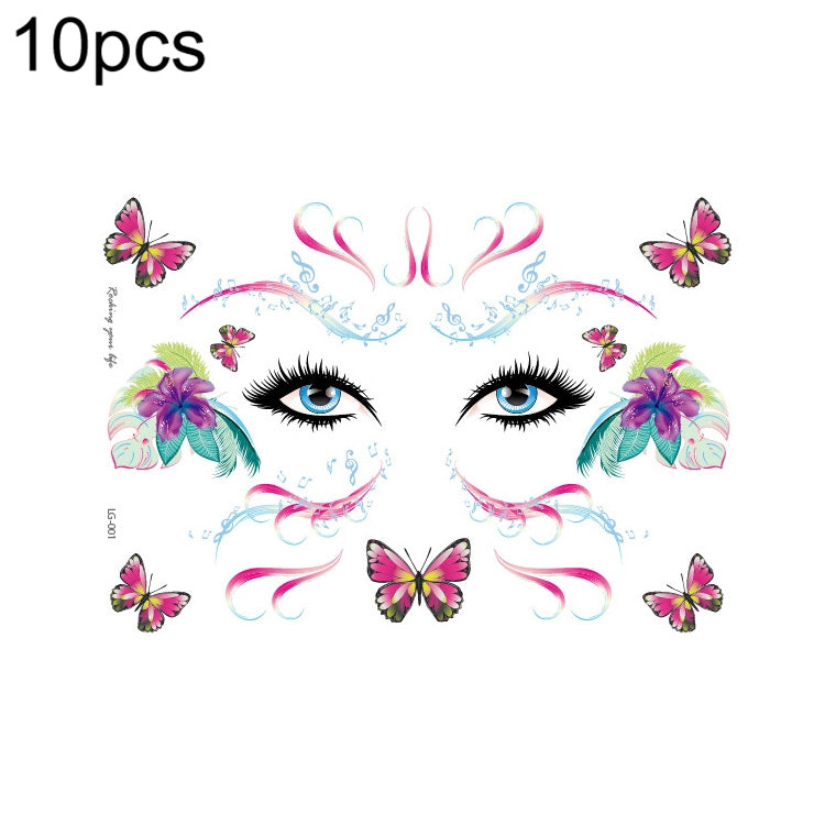 10 PCS Waterproof Music Festival Glitter Tattoo Stickers, LG-001, LG-002, LG-003, LG-004, LG-005, LG-006