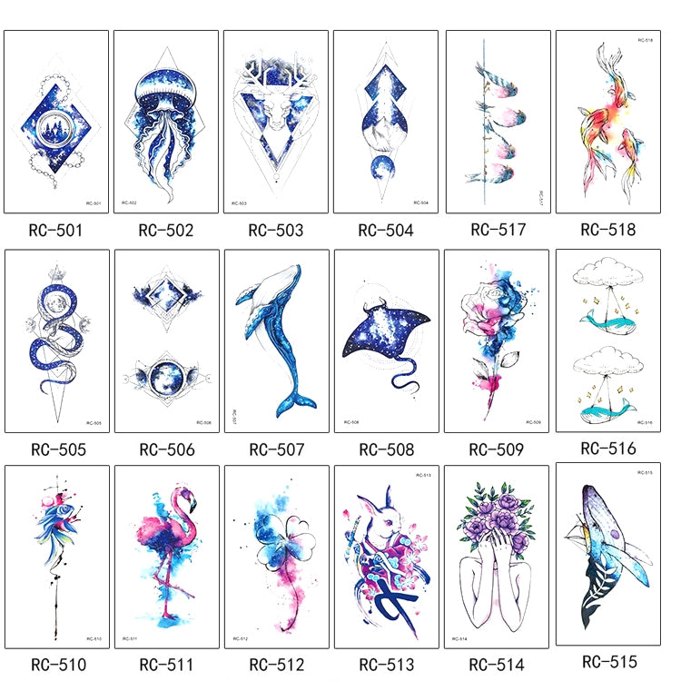 10pcs Waterproof Small Fresh Water Transfer Color Tattoo Stickers, RC-501, RC-502, RC-503, RC-504, RC-505, RC-506, RC-507, RC-508, RC-509, RC-510, RC-511, RC-512, RC-513, RC-514, RC-515, RC-516