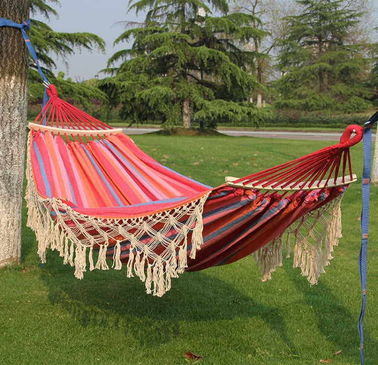 200x150cm Double Outdoor Camping Tassel Canvas Hammock with Stick, Colorful Stripes, Pink Stripes, White