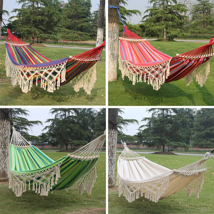 200x150cm Double Outdoor Camping Tassel Canvas Hammock with Stick, Colorful Stripes, Pink Stripes, White