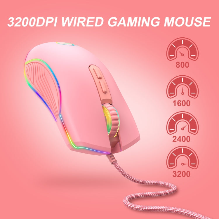 E32  7 Keys 3200 DPI Pink Girls RGB Glowing Wired Mouse Gaming Mouse, Interface:, Type-C, USB