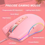 E32  7 Keys 3200 DPI Pink Girls RGB Glowing Wired Mouse Gaming Mouse, Interface:, Type-C, USB