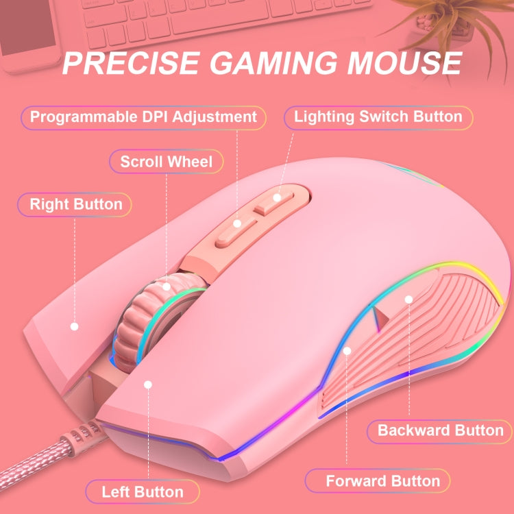 E32  7 Keys 3200 DPI Pink Girls RGB Glowing Wired Mouse Gaming Mouse, Interface:, Type-C, USB