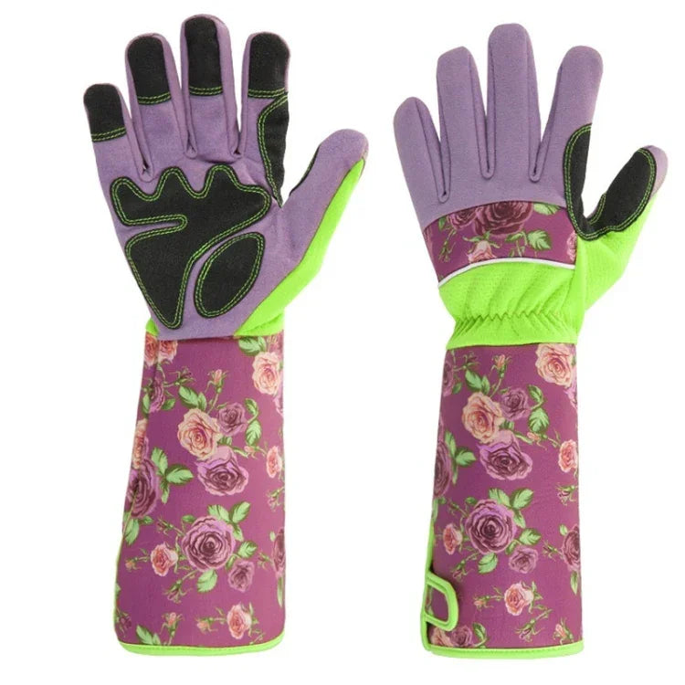 Gardening Stab Resistant Print Sleeve Wrist Extended Gloves, Green, Pink