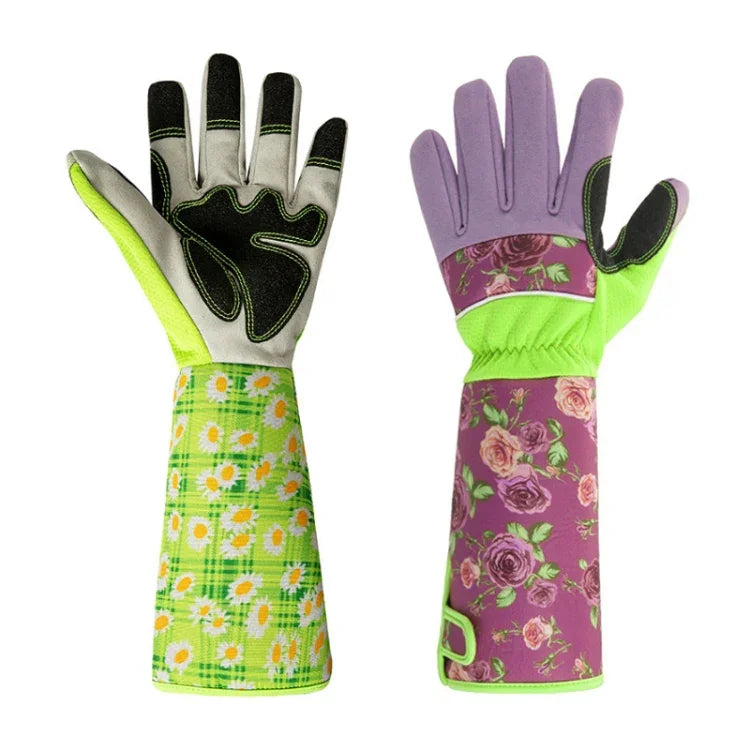 Gardening Stab Resistant Print Sleeve Wrist Extended Gloves, Green, Pink