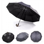 PARACHASE Solid Wood Bending Handle 10 Bone Three Fold Automatic Umbrella, Grey, Black, Navy