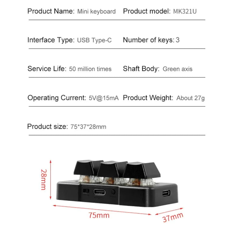 MK321 3 Keys Custom Keys Game Office PS Clip Macro Programming Keypad, Cable Length: 1.5m, White, Black
