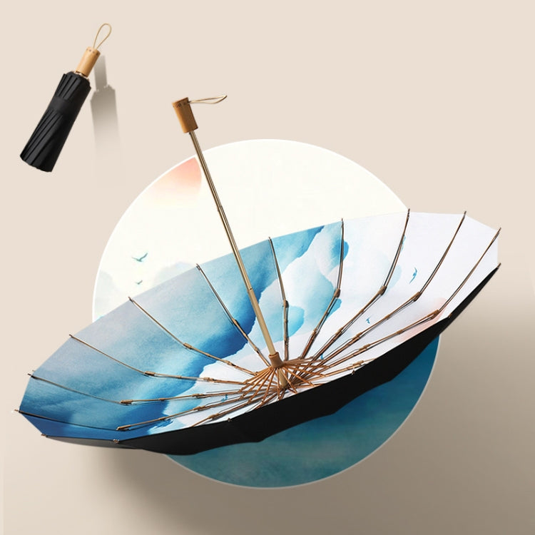 Retro Tri-Fold Wooden Handle 16-Bone Folding Sunscreen Parasol, Yunchun Tree, Sunset Mountains, Jiangnan Yi, Ao Hanmei, Chrysanthemum City