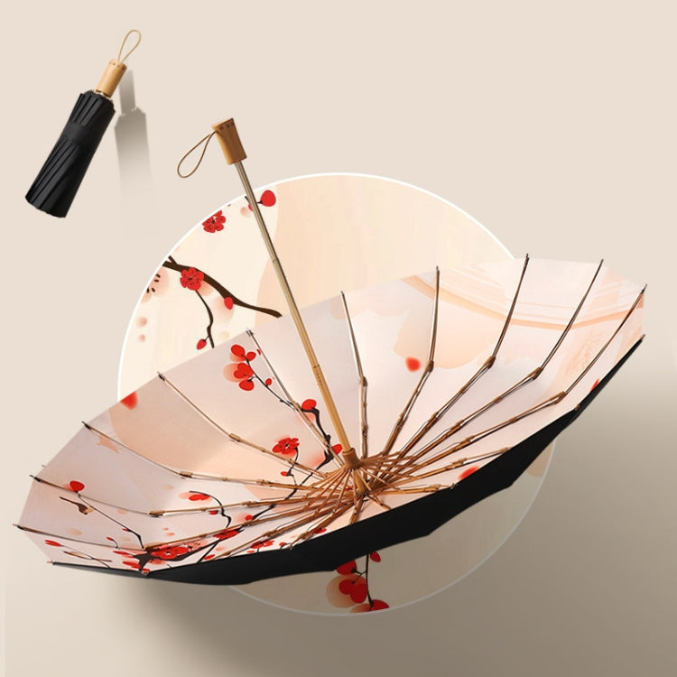 Retro Tri-Fold Wooden Handle 16-Bone Folding Sunscreen Parasol, Yunchun Tree, Sunset Mountains, Jiangnan Yi, Ao Hanmei, Chrysanthemum City