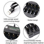 شاحن مستقل USB لأربع فتحات لبطارية ليثيوم 18650 4.2 فولت، 4 فتحات USB (أسود)