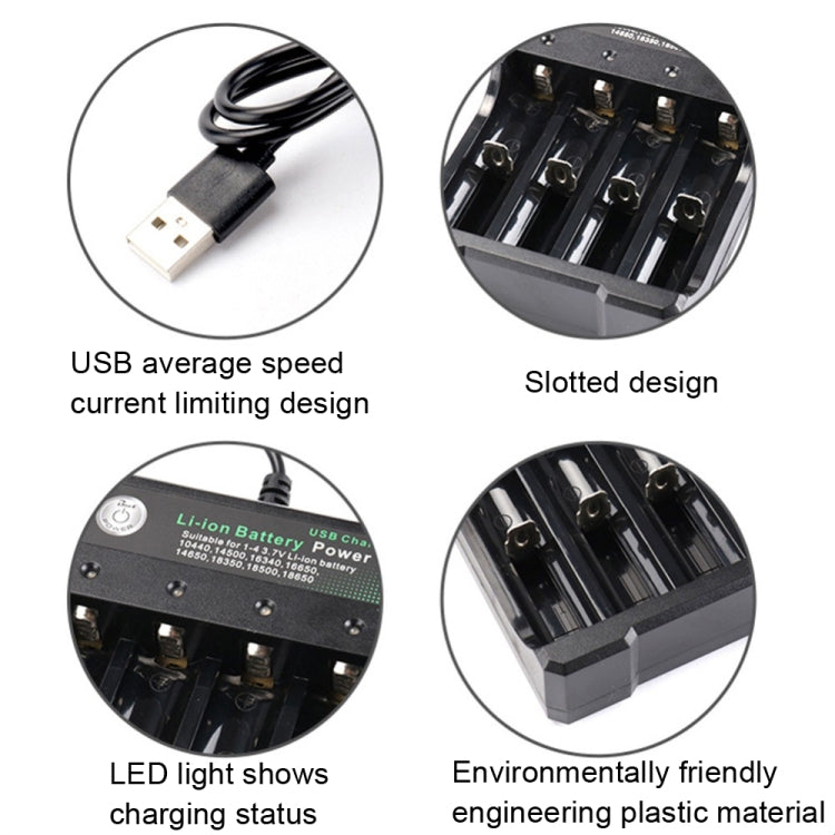 شاحن مستقل USB لأربع فتحات لبطارية ليثيوم 18650 4.2 فولت، 4 فتحات USB (أسود)