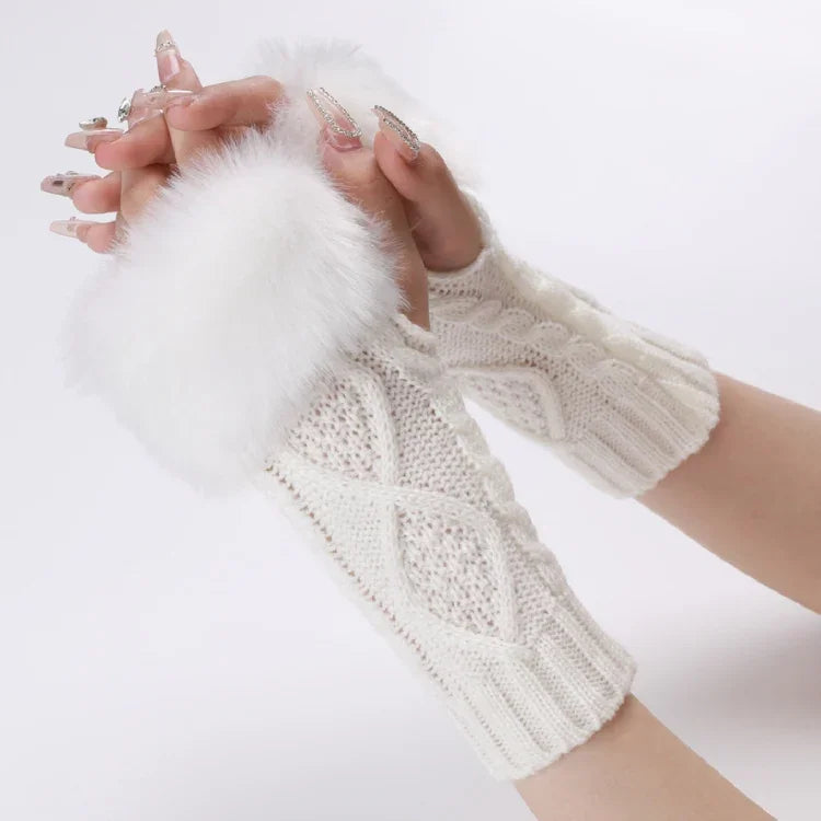 Ladies Short Type Furry Gloves Diamond Knit Warm Fingerless Arm Sleeves, Beige, Dark Gray, Light Grey, White, Black, Wine Red, Tibetan, Coffee, Khaki