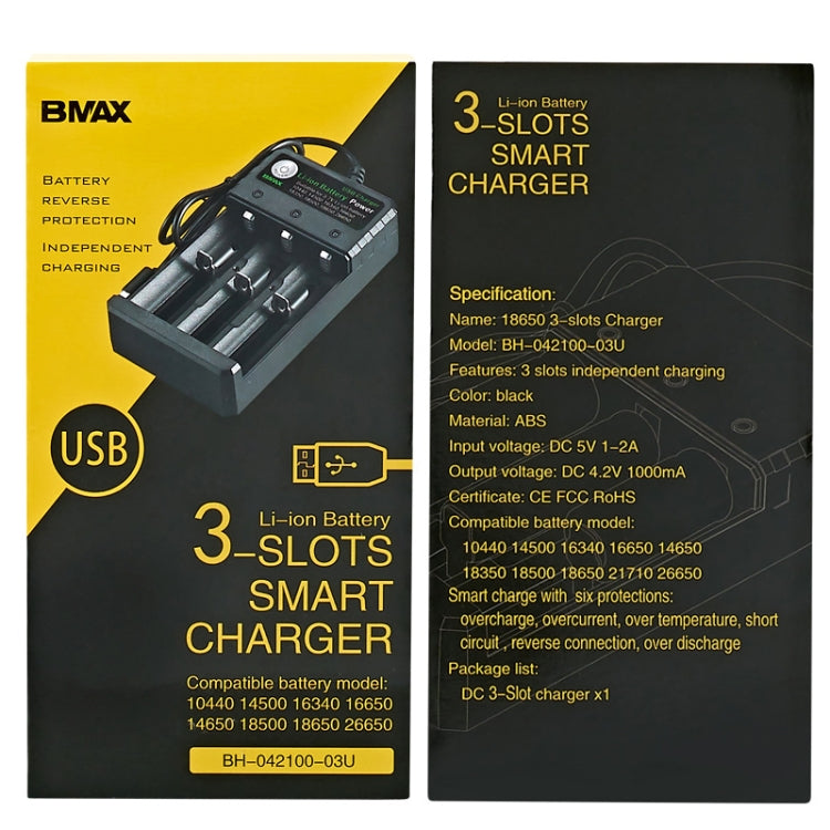 قاعدة شحن BMAX 18650 بثلاث فتحات USB لشحن بطاريات ليثيوم مستقلة 3.7/4.2 فولت، 3 فتحات USB (أسود)