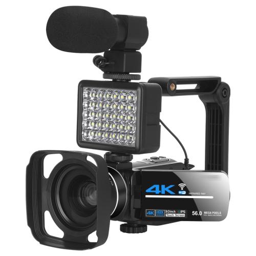 كاميرا فيديو رقمية 4K قابلة للتكبير 5600PX باللون الأسود، مع ضوء تعبئة + عدسة واسعة الزاوية، مع غطاء + ميكروفون + عدسة واسعة الزاوية، مع مجموعة مثبتات