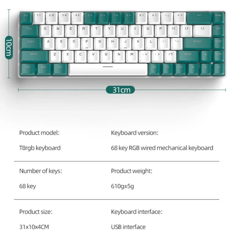 لوحة مفاتيح ميكانيكية للألعاب ZIYOU LANG T8 بعدد 68 مفتاح مع إضاءة RGB، طول الكابل: 1.5 متر، النمط: نسخة T8 ميكرو لايت بمحور أخضر