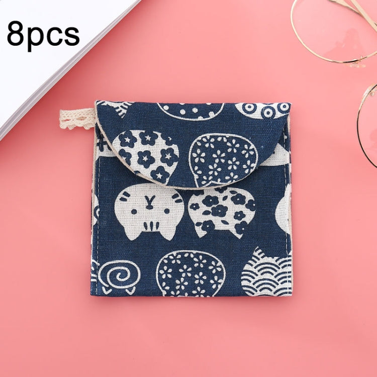 8pcs Cotton and Linen Sanitary Napkin Storage Bag Handy Clutch Bag, Black -bottomed White Tree, Gray Camel, Lucky Cat, Leaves, Blue Cat, Turtle