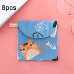 8pcs Cotton and Linen Sanitary Napkin Storage Bag Handy Clutch Bag, Black -bottomed White Tree, Gray Camel, Lucky Cat, Leaves, Blue Cat, Turtle
