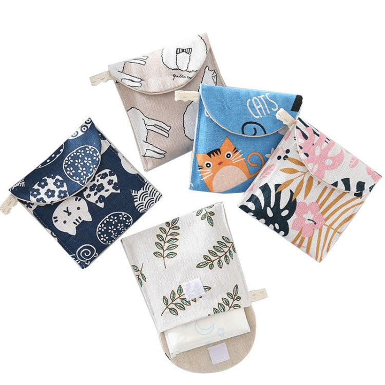 8pcs Cotton and Linen Sanitary Napkin Storage Bag Handy Clutch Bag, Black -bottomed White Tree, Gray Camel, Lucky Cat, Leaves, Blue Cat, Turtle