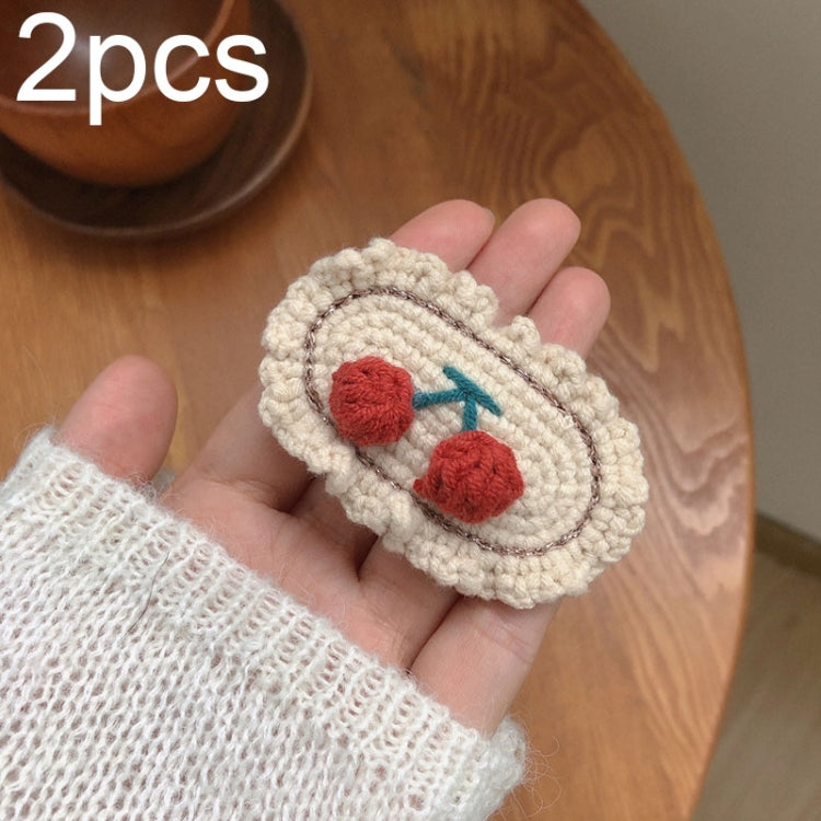 B316 2pcs Cute Woolen Knitting Hairpin Sweet and Versatile Handmade Side Clip, Beige, Cherry