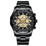 BINBOND S033 Hollowed Mechanical 30m Waterproof Luminous Quartz Watch, Black Steel-Black-White, Black Steel-Black-Gold, Black Steel-Black-Rose Gold, Full Gold-Black-Gold, Black Steel-Rose Gold-Black, Blue Steel-Blue, White Steel-Black, White Steel-White