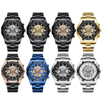 BINBOND S033 Hollowed Mechanical 30m Waterproof Luminous Quartz Watch, Black Steel-Black-White, Black Steel-Black-Gold, Black Steel-Black-Rose Gold, Full Gold-Black-Gold, Black Steel-Rose Gold-Black, Blue Steel-Blue, White Steel-Black, White Steel-White