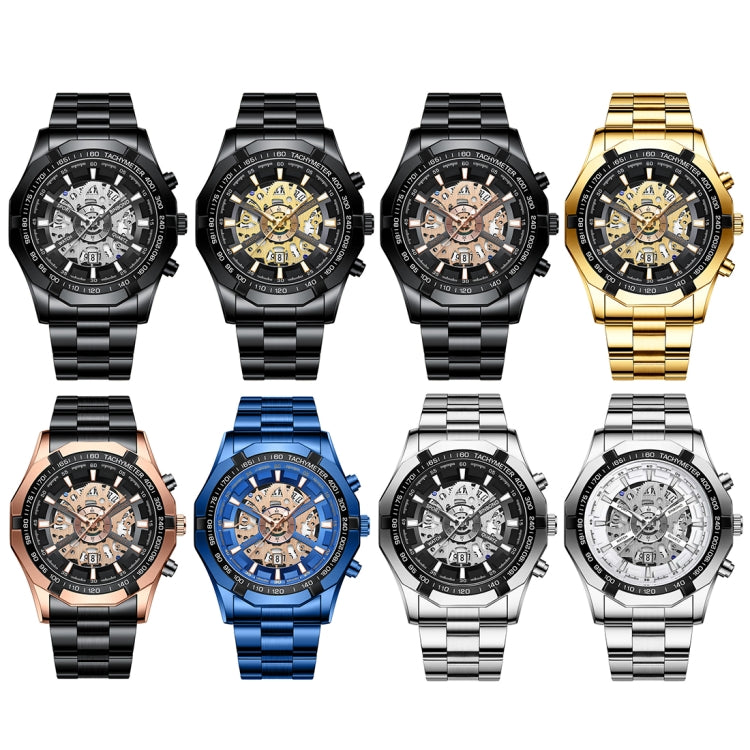 BINBOND S033 Hollowed Mechanical 30m Waterproof Luminous Quartz Watch, Black Steel-Black-White, Black Steel-Black-Gold, Black Steel-Black-Rose Gold, Full Gold-Black-Gold, Black Steel-Rose Gold-Black, Blue Steel-Blue, White Steel-Black, White Steel-White