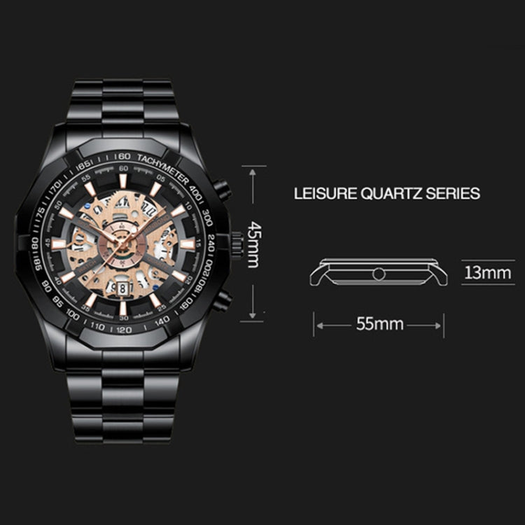 BINBOND S033 Hollowed Mechanical 30m Waterproof Luminous Quartz Watch, Black Steel-Black-White, Black Steel-Black-Gold, Black Steel-Black-Rose Gold, Full Gold-Black-Gold, Black Steel-Rose Gold-Black, Blue Steel-Blue, White Steel-Black, White Steel-White