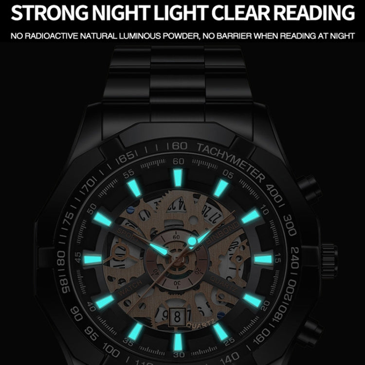 BINBOND S033 Hollowed Mechanical 30m Waterproof Luminous Quartz Watch, Black Steel-Black-White, Black Steel-Black-Gold, Black Steel-Black-Rose Gold, Full Gold-Black-Gold, Black Steel-Rose Gold-Black, Blue Steel-Blue, White Steel-Black, White Steel-White