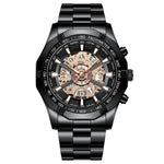 BINBOND S033 Hollowed Mechanical 30m Waterproof Luminous Quartz Watch, Black Steel-Black-White, Black Steel-Black-Gold, Black Steel-Black-Rose Gold, Full Gold-Black-Gold, Black Steel-Rose Gold-Black, Blue Steel-Blue, White Steel-Black, White Steel-White