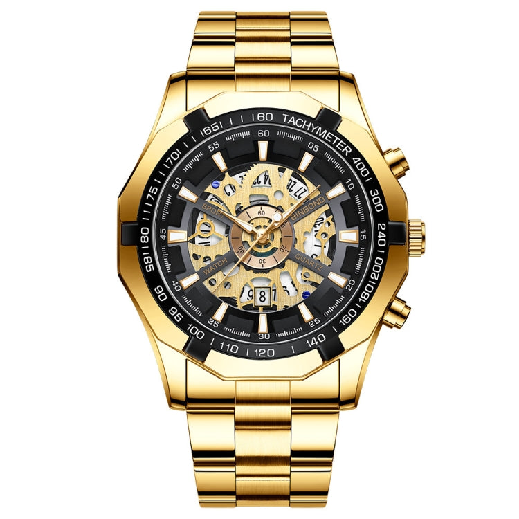 BINBOND S033 Hollowed Mechanical 30m Waterproof Luminous Quartz Watch, Black Steel-Black-White, Black Steel-Black-Gold, Black Steel-Black-Rose Gold, Full Gold-Black-Gold, Black Steel-Rose Gold-Black, Blue Steel-Blue, White Steel-Black, White Steel-White